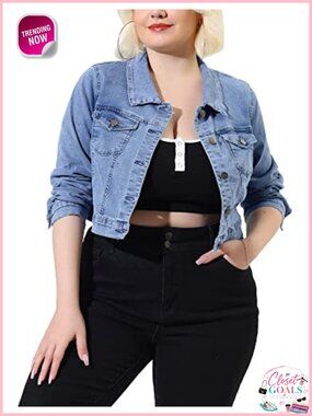 Plus Size Button Down Cropped Denim Jacket Stitching Regular Fit